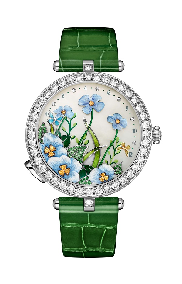 Lady Arpels Brise d'Été腕表，38毫米白K金镶钻表壳，珍珠母贝表盘，沙弗莱石榴石及锰铝榴石、珍珠母贝、微型彩绘、彩绘玻璃珐琅、内填珐琅及丘陵状珐琅，自动上链机械机芯，搭载按掣启动仿真动偶模块.jpg